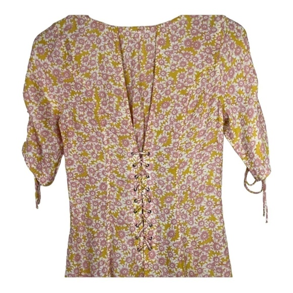 FREE PEOPLE Revolve Yellow Floral Laced Up Mini Dress Button Front Small - Picture 10 of 14